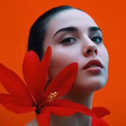 a woman with red hair holds red flowers