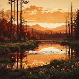 sunset with reflection in water and mountain range in background,trees and grass around water and with mountains in the distance