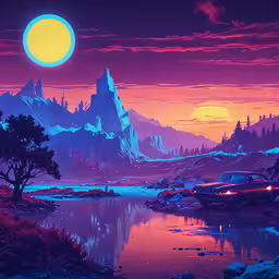 a digital painting of a mountainous view of a lake,a computer artwork depicting a landscape at night with mountains and the moon