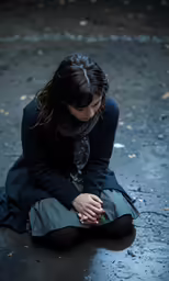 a woman sitting on the ground in the rain with her hands clasped