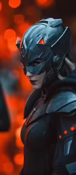 the female batman in an animated helmet with red glowing eyes