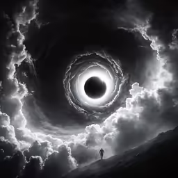 a person in the distance standing in front of a black hole