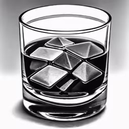 glass with ice cubes inside sitting on a table