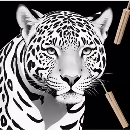 a white tiger on a black background and wooden arrows