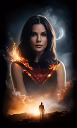a woman standing on a dark landscape holding onto her arms