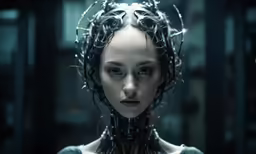 a woman with her head covered with wires
