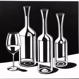 three wine bottles, two filled with a wine glass and one with a broken bottle sitting in front