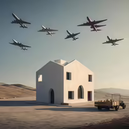 a lot of planes that are flying over a building