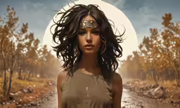 a girl with a pair of sunglasses on her head in a wooded area
