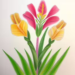 this is an image of flowers painted in colored pencils,this is a drawing of a flower and some green leaves