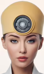 a woman in a yellow hat with speakers on her head