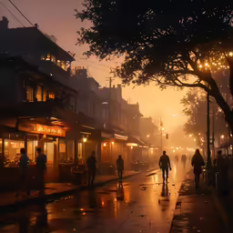 people are walking down the wet sidewalk of a town street
