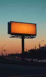 a billboard sign next to freeway at sunset