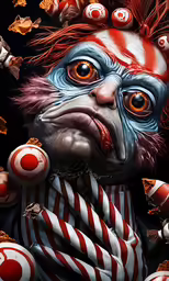 a man dressed up in clown makeup and candy
