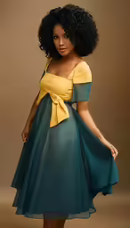 an african american woman in a green dress and yellow bow