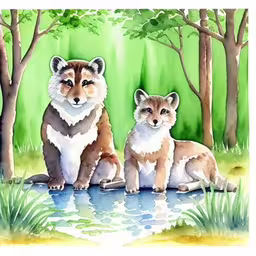 two foxes are sitting on the side of a river