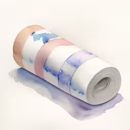 the rolled up roll of toilet paper is painted on white paper,a roll of toilet paper sitting next to a roll of blue and white paper