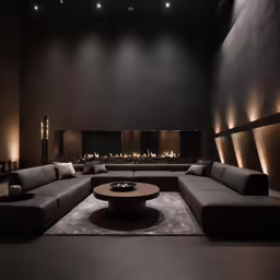 the black sectional sofa in the room features candles and lights