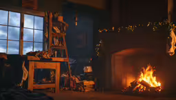 fireplace in a living room with no man sitting,a large fire in a small room near a window