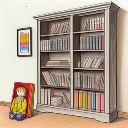 a picture of a child looking in the book case,a child sitting in front of a bookshelf,a boy is sitting in a corner between two bookshelves,a young child with a book and an illustration of a library,a small book shelf sitting in front of a painting of a person