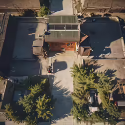 an aerial shot of the roof, parking area, and street of houses