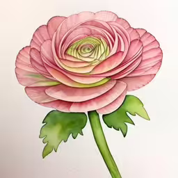 a drawing of a pink rose with green leaves,a drawing of a pink flower with green leaves