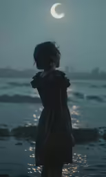 a woman is standing on the beach looking at the moon and the ocean