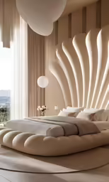 an elegant bedroom with modern furnishings and high ceilings