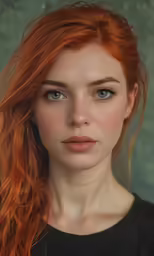 a woman with red hair and long curls is looking straight ahead
