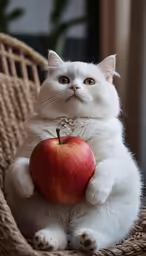 cat sitting on wicker chair with apple looking alert