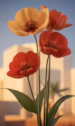 four orange and yellow flowers in a small glass vase
