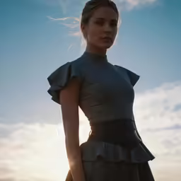 a young woman in a grey dress looking off to the side