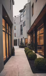 several windows in two stories and a row of shrubs on the ground