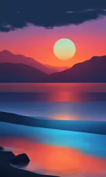 a beautiful sunset over the ocean with mountains in the background