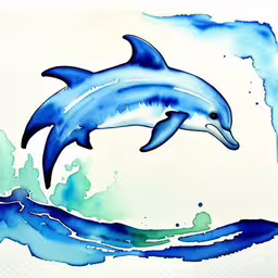 dolphins painting, watercolor on paper,two dolphins jumping up and down in the water
