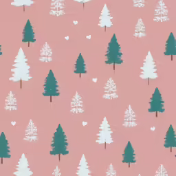 pink background with white trees on a light colored ground