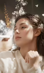 a woman looking at fireworks while wearing earphones