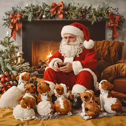 there is a santa sitting by the fireplace with his dogs
