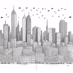 black and white photo of a city, with birds flying in the air,a pencil drawing of a city with birds flying above,pencil drawing of a large city,city skyline with birds flying over it,the drawing shows a large cityscape that is surrounded by tall buildings