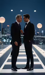 two men in suits are facing each other while they both stand on a checkerboard floor