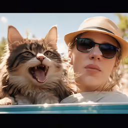a woman sitting in a car while holding up a cat