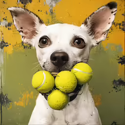 a dog with a group of tennis balls in its mouth