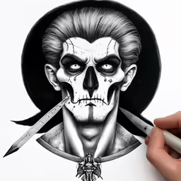 a drawing of an evil looking skeleton holding a knife