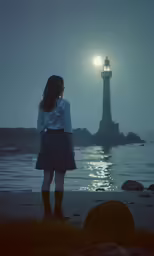 a woman looking out to sea at night and a lighthouse