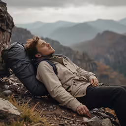 a man wearing a backpack laying on a mountain top