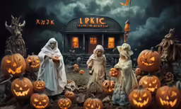 two children in costumes stand on pumpkins near a fake house