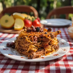 a bowl of noodles with meat on a table