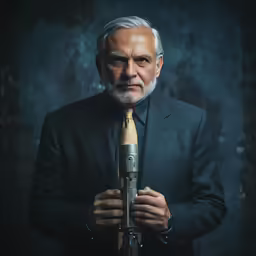 an old man holding a model rocket with his hands
