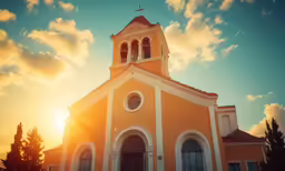 a sunset view of an orange church