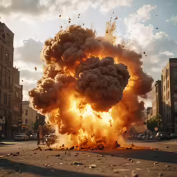an old fashioned explosion from a car on a city street